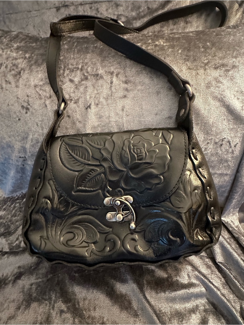Patricia Nash Black Floral Embossed Crossbody Bag